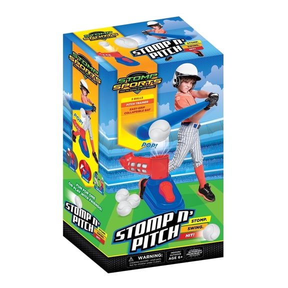 Stomp Sports Stomp N Pitch Baseball Pitching Machine for Kids - Baseball Training Machines for Boys & Girls with Collapsible Bat, Launcher & 5 Balls - Outdoor Sports Gear & Toys - 6  Year Olds