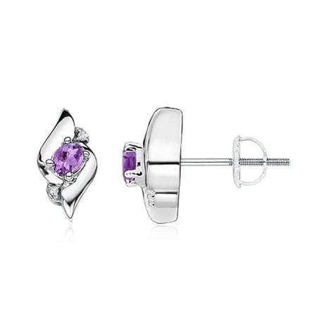Oval Shell Earrings - Oval Amethyst and Diamond Shell Stud Earrings in 14K White Gold (4x3mm Amethyst) - SE0121AMD-WG-A-4x3