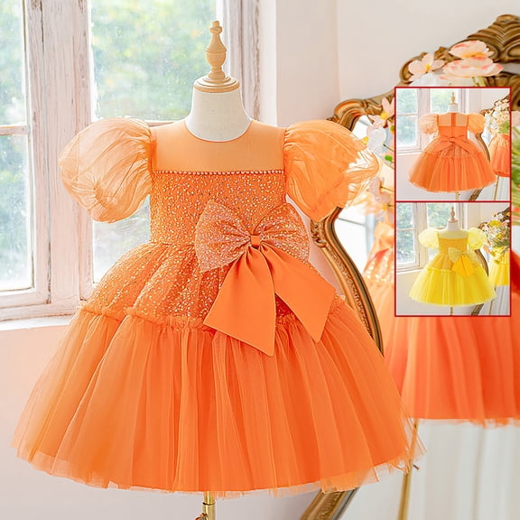 CAIXIA Girls Summer Dresses Size 10Sparkly Sleeve Bow Detail Girls Party Dress Formal Pageant Gown For Toddler Kids 3-8 Years Old,Orange,4-5 Years