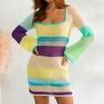 thumbnail image 4 of Women Mini Bodycon Dress Cutout Knitted Contrast Color Stripe Long Sleeve Dress, 4 of 9