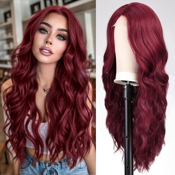 DAPRZIY Long Wine Red Wavy Wig for Women Lace Front Wigs Natural Looking 26 Inch Middle Part Curly Wig Heat Resistant Synthetic Wigs for Daily Party Use