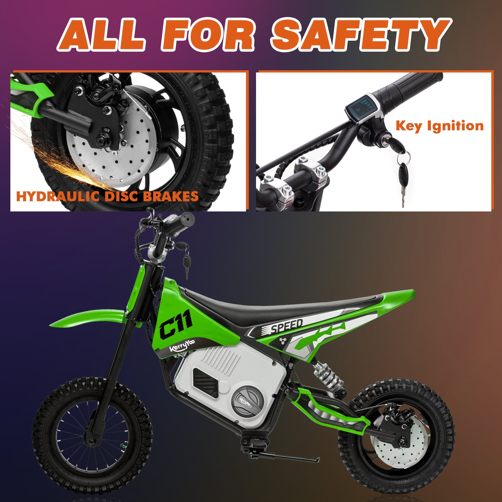 Kerry Yoo C11 36V Electric Dirt Bike for Kids 8-14, 350W Ride on Motorcycle, Electric Motorbike Teens,16 mph, High/Low Speeds-Green