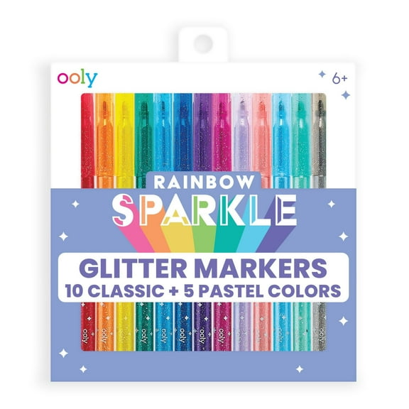 OOLY Rainbow Sparkle Glitter Markers, 2 mm Nib, Multicolor, 15 Count, 1 Pack