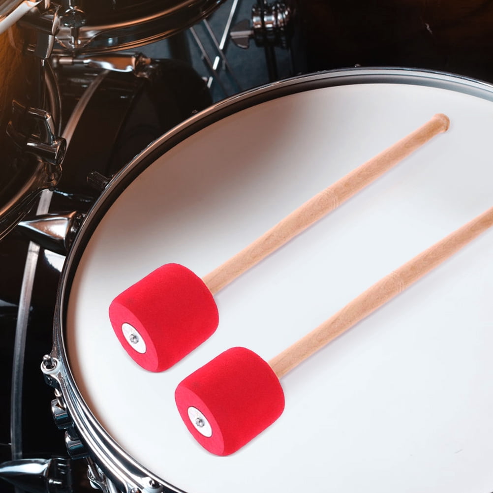 WRISTBIQUE 2Pairs Bass Drum Mallet with Eva Foam Head and Wooden Handle Comfortable Grip Red