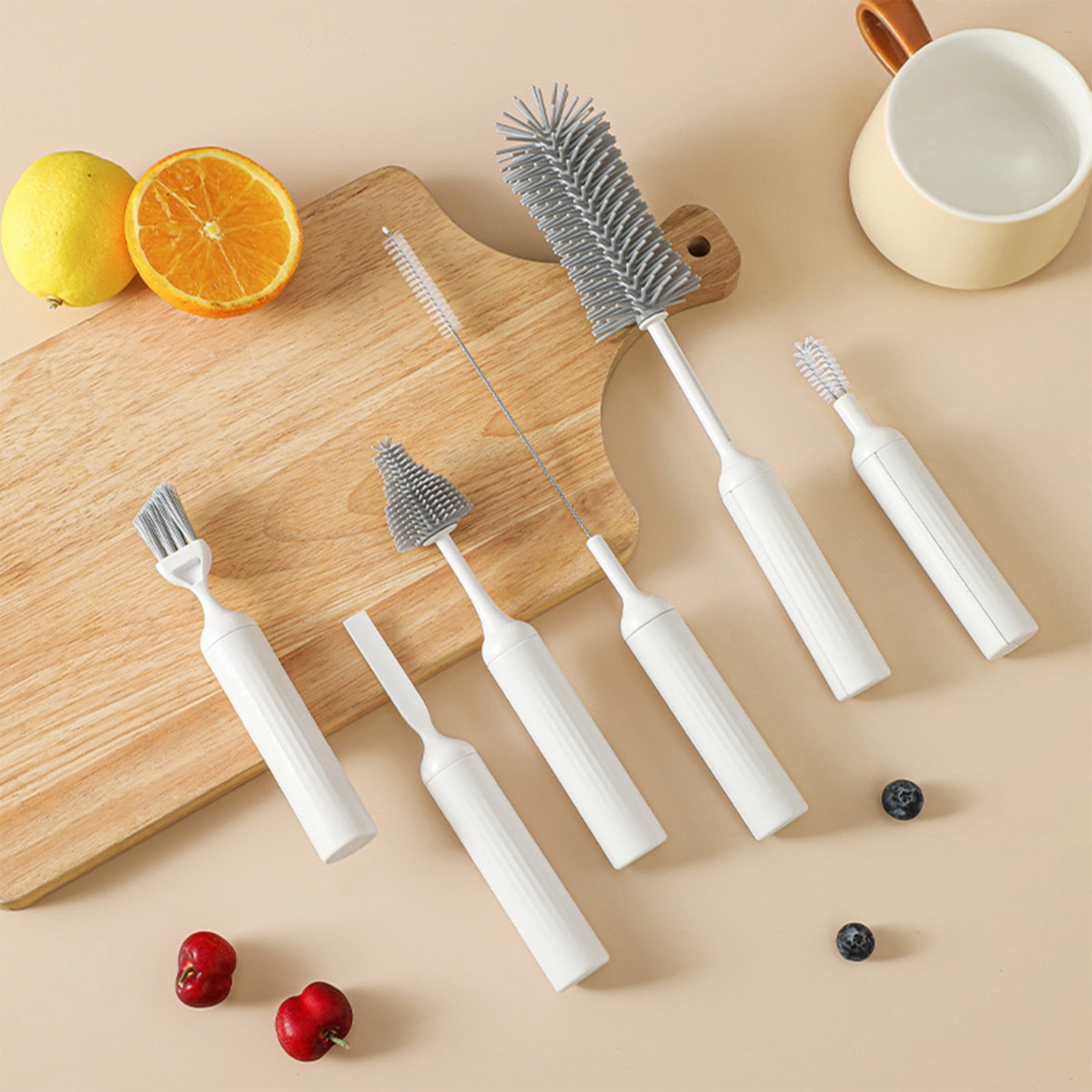 6 Piece Bottle Brush Cleaning Set, Assorted Sizes with Storage Rack, Silicone Material for Deep Clean, for Kitchen, Bathroom, Household Use