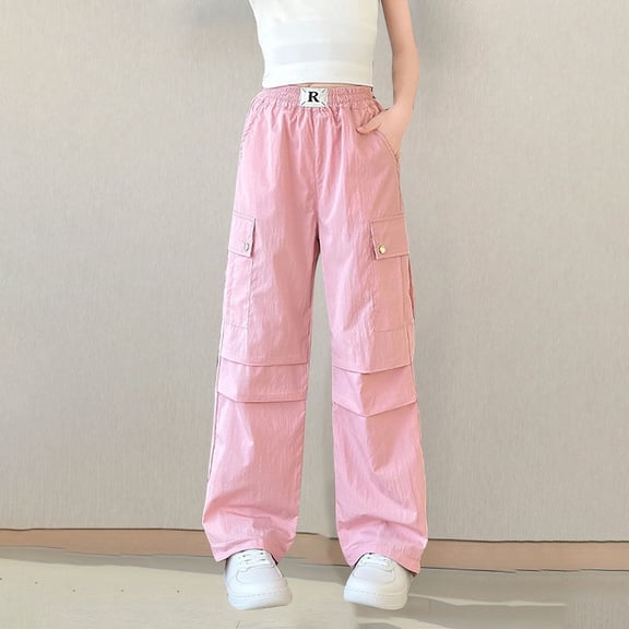 NEBWOAK Girls Cargo Pants Wide Leg Elastic Waist Baggy Streetwear with Pockets Pink,Size 9 T