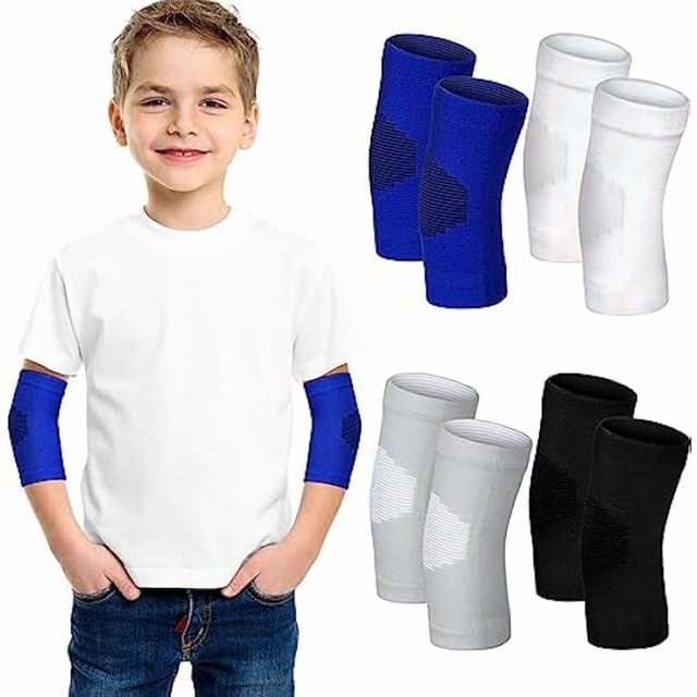 wonima44 Lenwen 4 Pairs Kids Elbow Brace Compression Arm Elbow Sleeve Knit Guard Gym Protectors for Boys Teen Children Girls Basketball Volleyball Tennis Cycling (5-10 Years,Black, White, Blue, Gray)