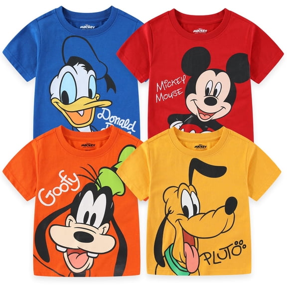 Disney Mickey Mouse Donald Duck and Goofy Short Sleeve T-Shirts (Boys), 4 Pack, Sizes 2T-12