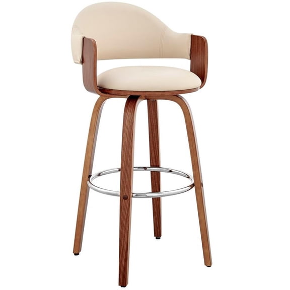 Pemberly Row 26" Modern Faux Leather & Wood Counter Stool in Cream/Walnut