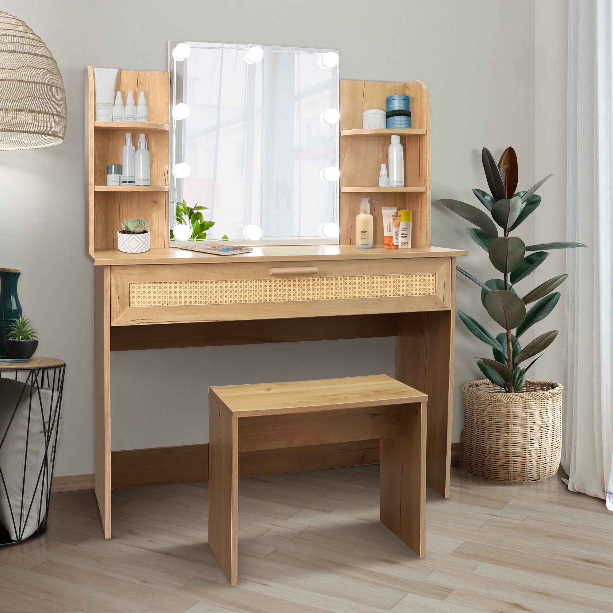 Kadyn 51" Vanity Desk Set Stool & Dressing Table with LED Lighting Mirror Drawer and Compartments Modern Wood Cosmetic Table Chest of Drawers Nature Color