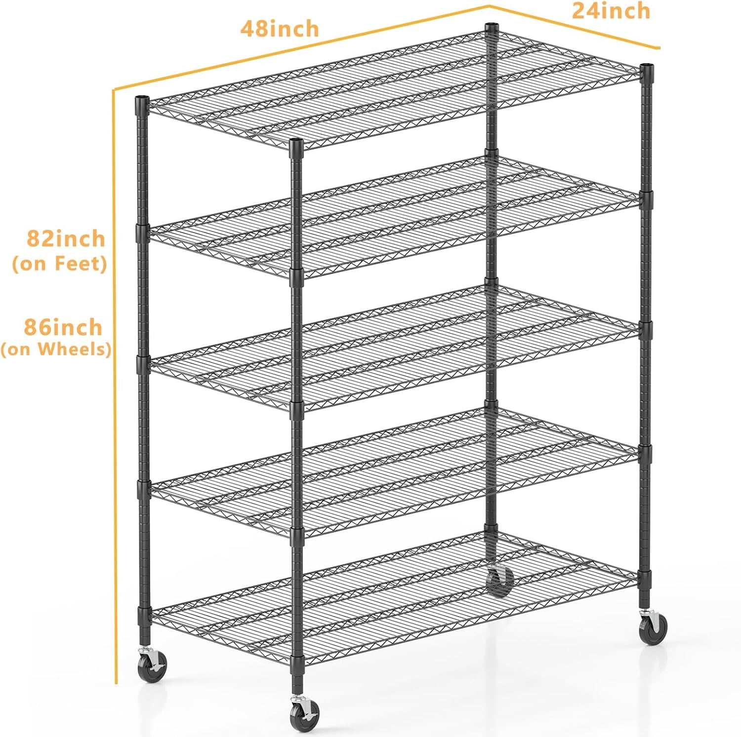 Sailvan 5-Tier Heavy Duty Wire Shelving Unit with Wheels, 48"W x 24"D x 82"H Metal Storage Rack, 3250LBS Capacity, Adjustable Garage Shelves,Black