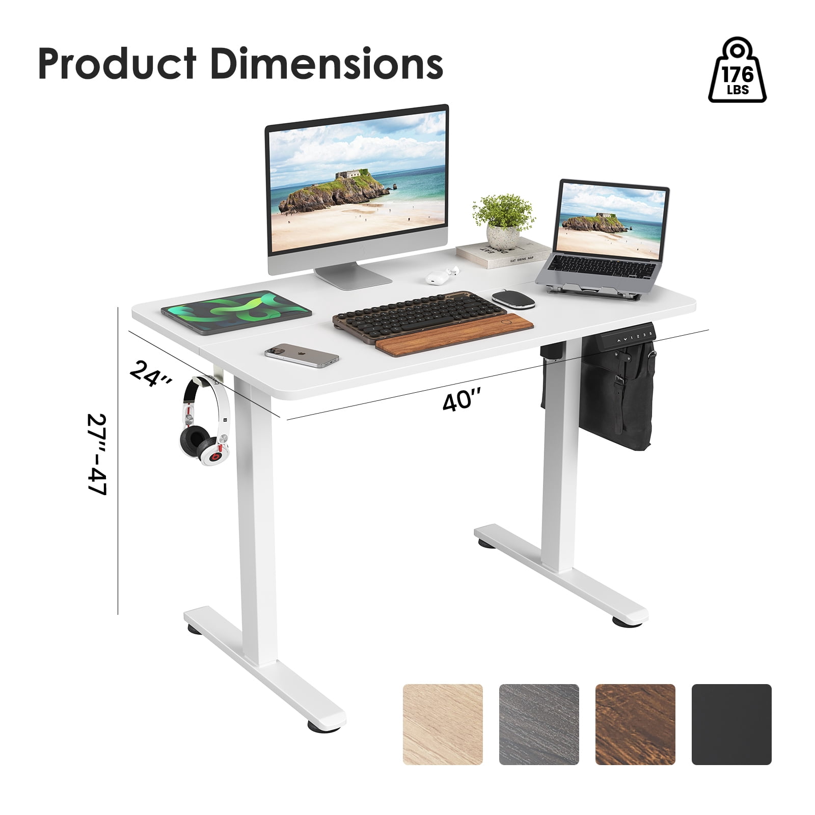 40 Inch Electric Standing Desk Height Adjustable with Storage Hooks for Home Office