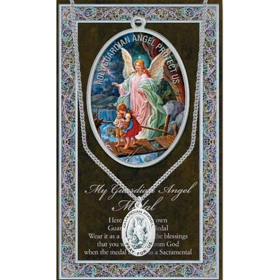 Guardian Angel Pewter Medal Pendant with Chain, Made in USA
