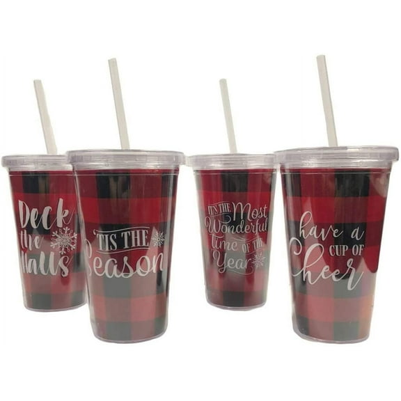 GBI Greenbrier Red and Black Buffalo Check Double Wall Holiday Tumblers with Lids and Straws, 9x4 in (Set of 4)