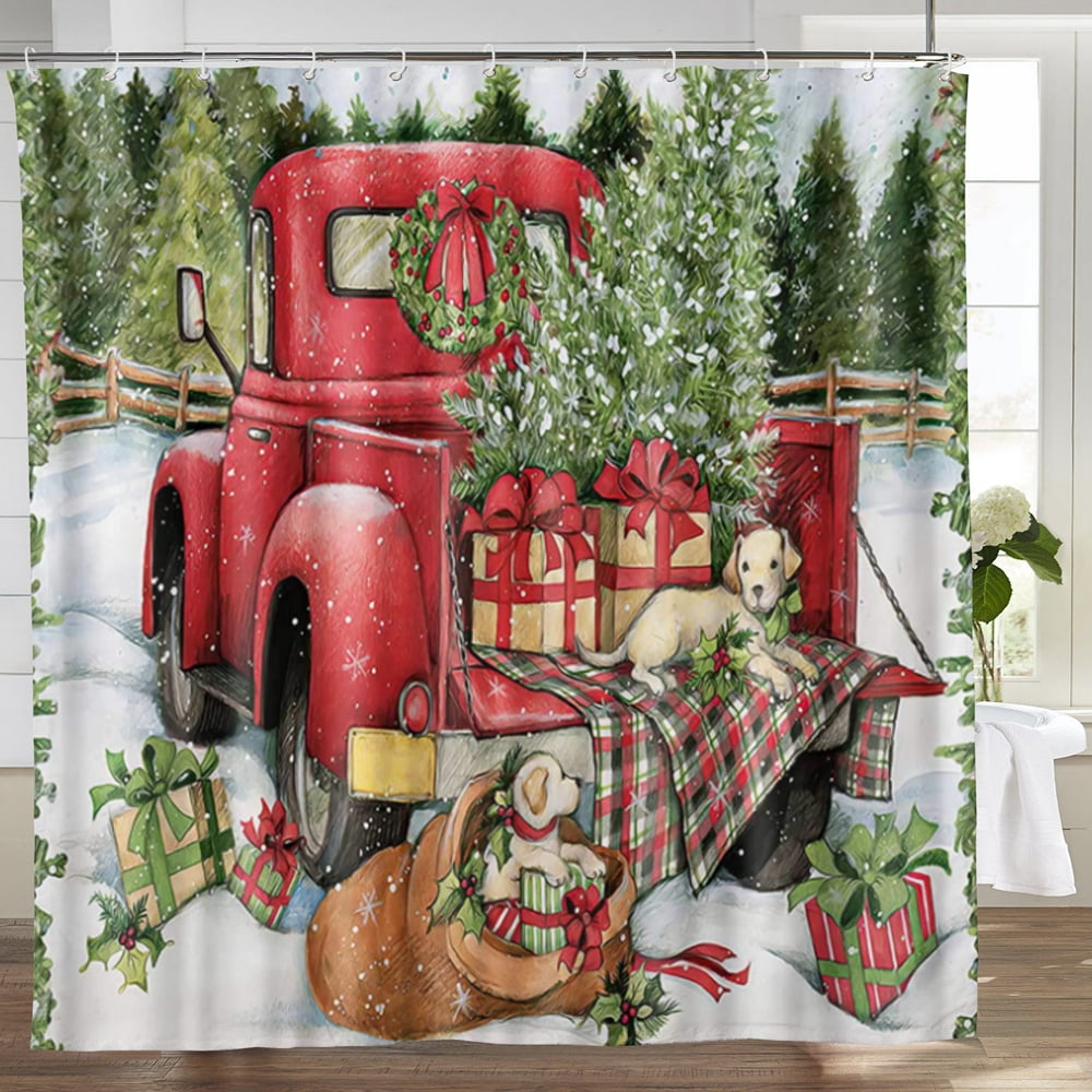 Christmas Shower Curtain Vintage Red Truck Car Snowflake Xmas