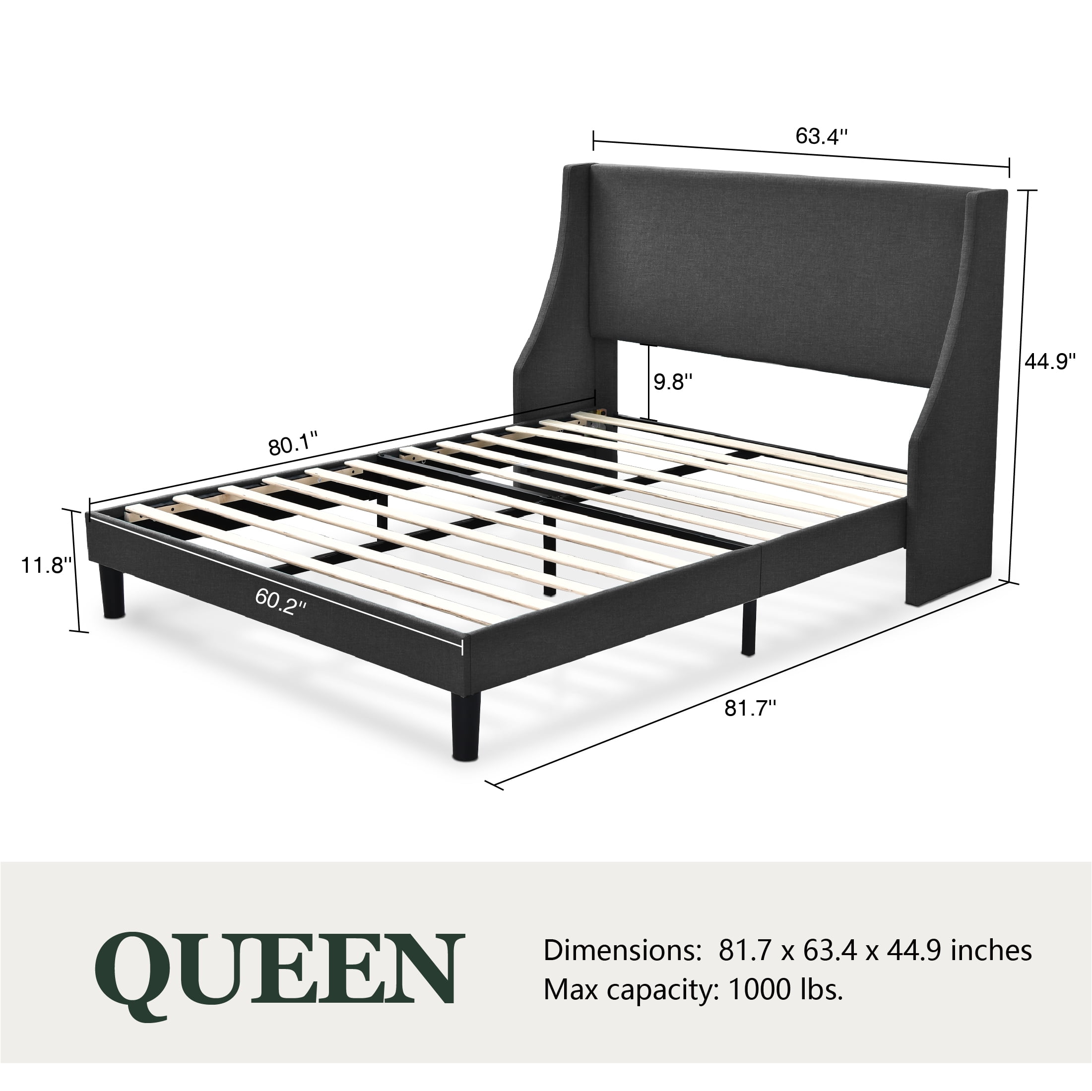 Amolife Queen Size Modern Platform Upholstered Bed Frame with Deluxe Wingback, Deep Grey