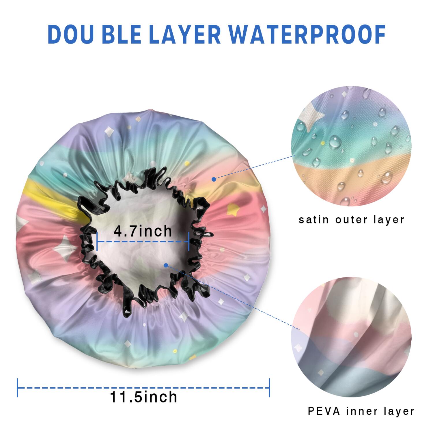 Shower Caps,Dreamy Pastel Wave Pattern Waterproof Shower Cap for Women 4 Pieces,Double Reusable Hair Cover for Shower PEVA Elastic Stretch Hem