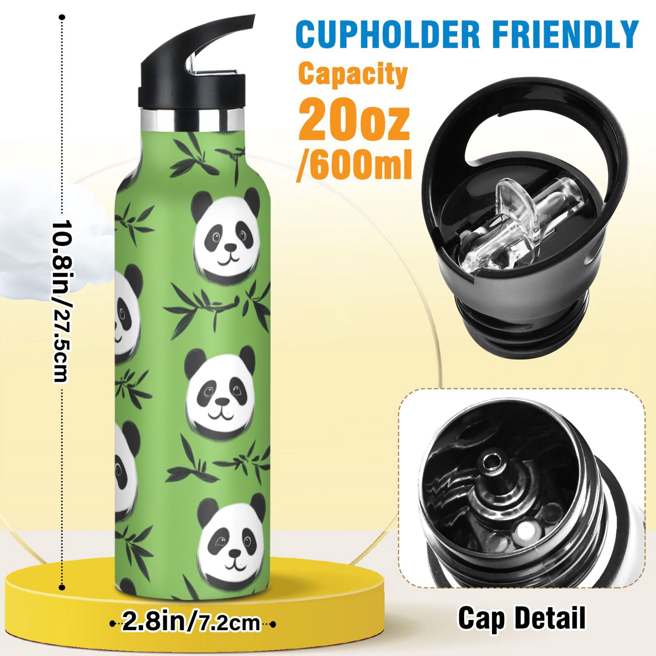 Kids Insulated Stainless Steel Sports Water Bottle 600ml (20oz) Cute Panda Heads