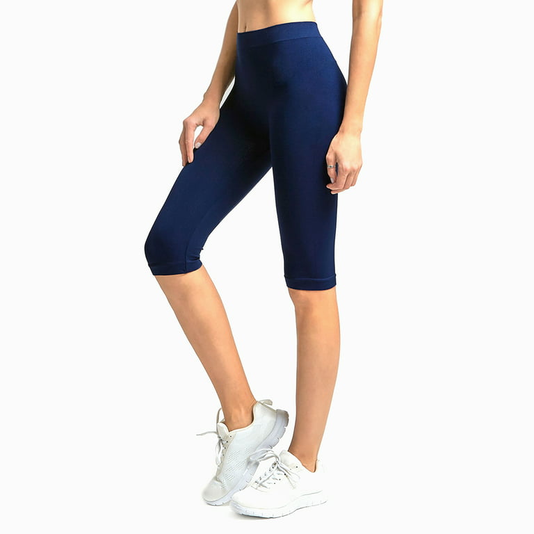 Solid Knee Length Short Spandex Yoga Leggings 3 Pack, Black, Brown, Navy,  Fit Size 0-12 / XS-L