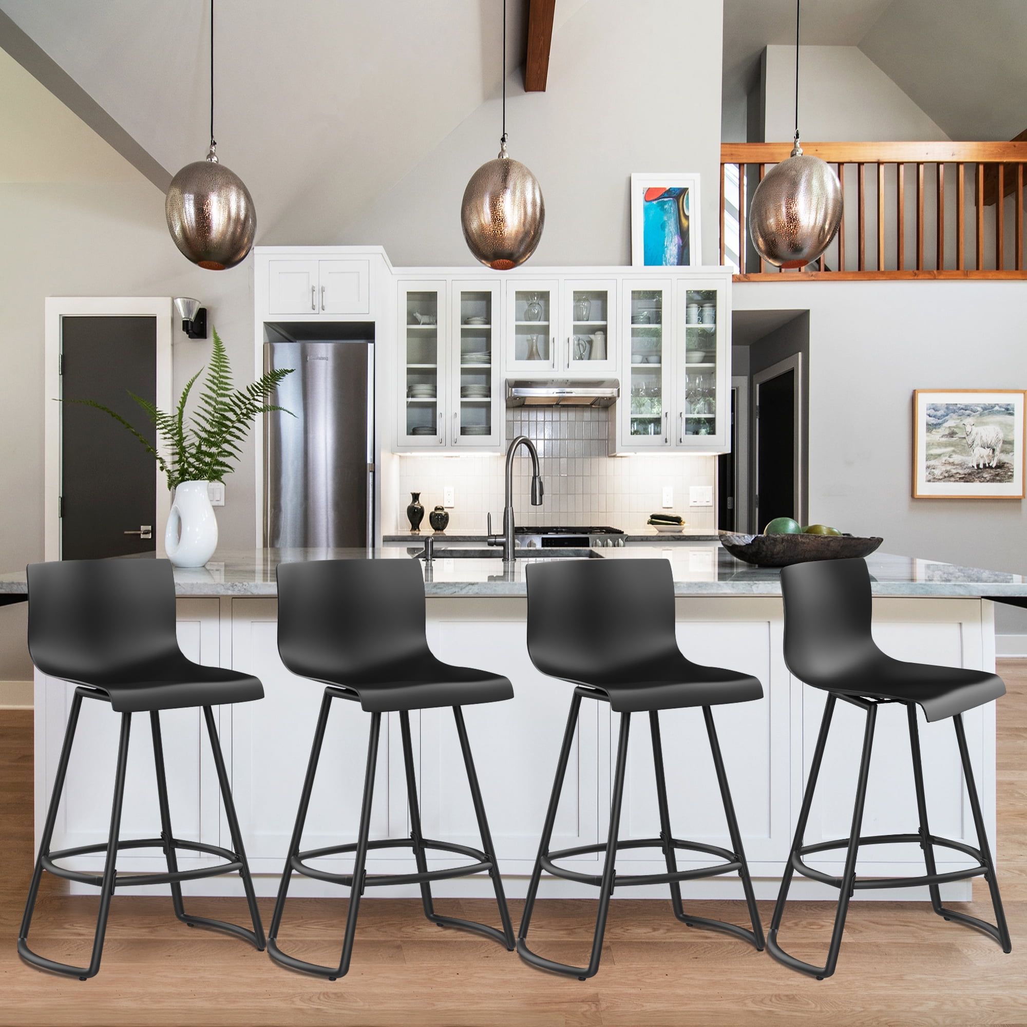 Andeworld 30" Swivel Bar Stools with Backs Plastic Counter Height Stools with Metal Legs (Set of 4, Black）