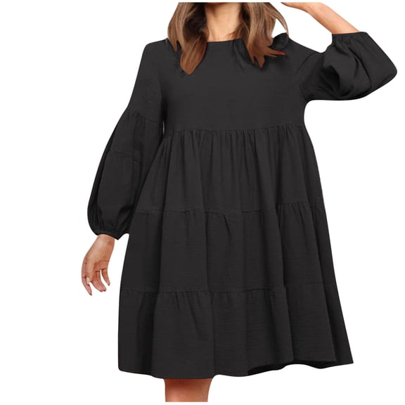 Efsteb 2025 Dresses for Women Trendy Long Sleeve Crewneck Mini Dress Cute Lantern Sleeve Loose A Line Tiered Dress (Black,S)
