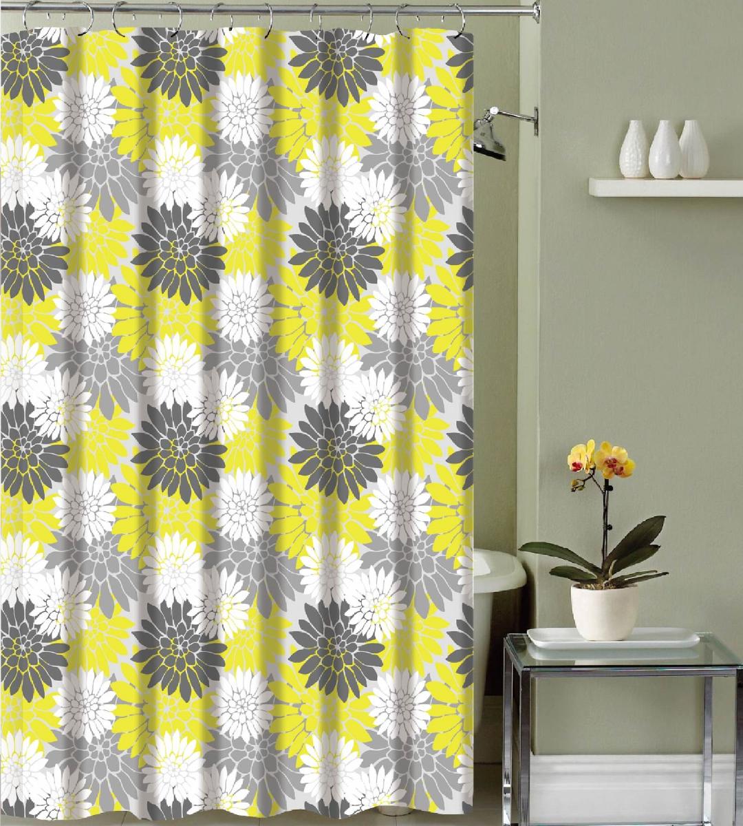 Gray & Yellow Floral Fabric Shower Curtain 70 in. W x 72 in. L
