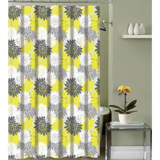 Gray & Yellow Floral Fabric Shower Curtain 70 in. W x 72 in. L