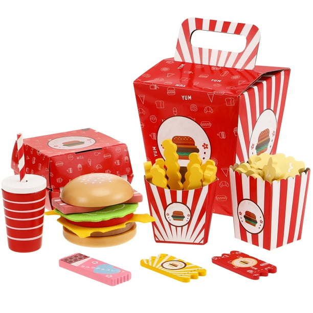 Juego de comida de juguete para niños: hamburguesas, patatas fritas y accesorios de cocina. Incluye accesorios para juegos de rol.