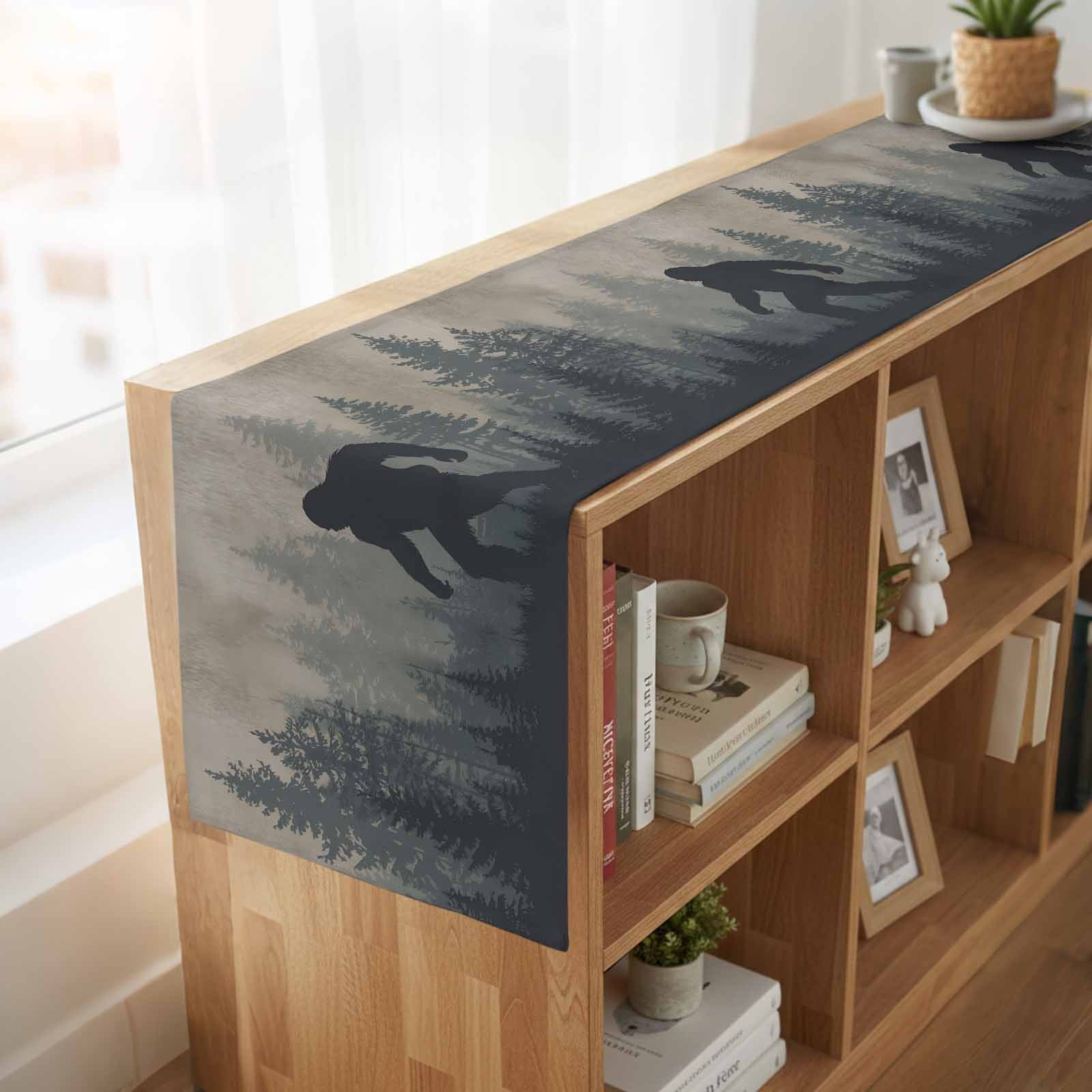 Forest Bigfoot Table Runner, Vintage Sasquatch Animal Silhouette Foggy Dark Forest Plant Cotton Linen Kitchen Table Decoration Washable Dining Tabletop Runners for Home Party Decor 13x90 Inches