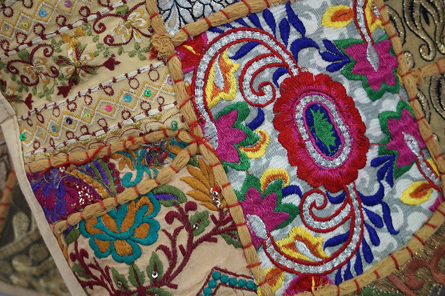 Indian Bohemian Decorative Sofa Throw Pillow Cover 16 Inch Cotton Patchwork Geometric Indian Square Couch Cushion Cover (Size - 40x40 cm ; Color: Beige )