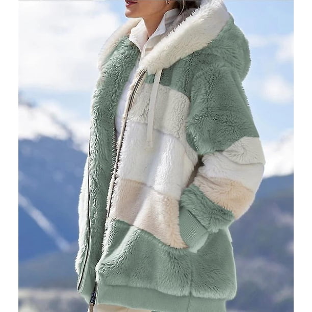 Chaqueta de mujer Moda Patchwork Felpa Cremallera Abrigo con capucha Regalo de Navidad-3