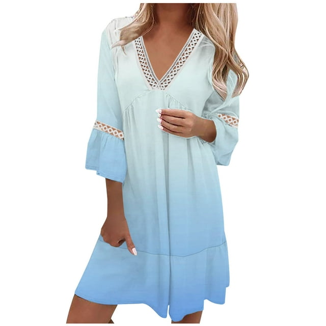Robes de Printemps pour Femmes 2023 Robe Décontractée de Villégiature Col en V à Empiècements en Dentelle Longueur Genou Robe de Vacances avec Manches Cloche 3/4