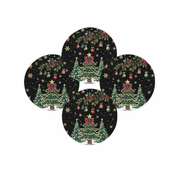Christmas Round Placemats Set of 4 Christmas Balls Berry Place Mats Washable Woven Placemat Holly Pine Tree Black Circle Braided Table Mat for Kitchen Dining Table Party Home Decor 15 Inch