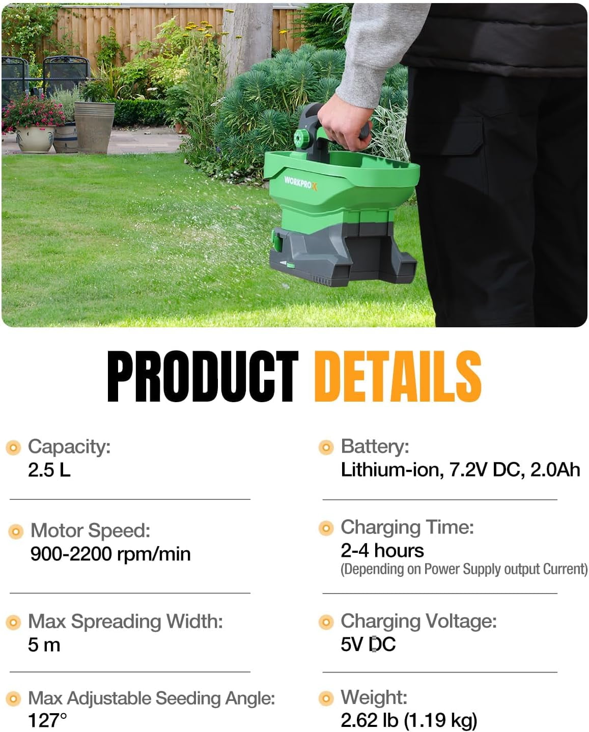 WORKPROX Battery Powered Fertilizer Spreader, 7.2V Seed Spreader for Salt, De-Icer, Earth Food, Rechargeable Grass Seed Spreader with 8-Level Settings, Covers up to 6,458 Sq. Ft.
