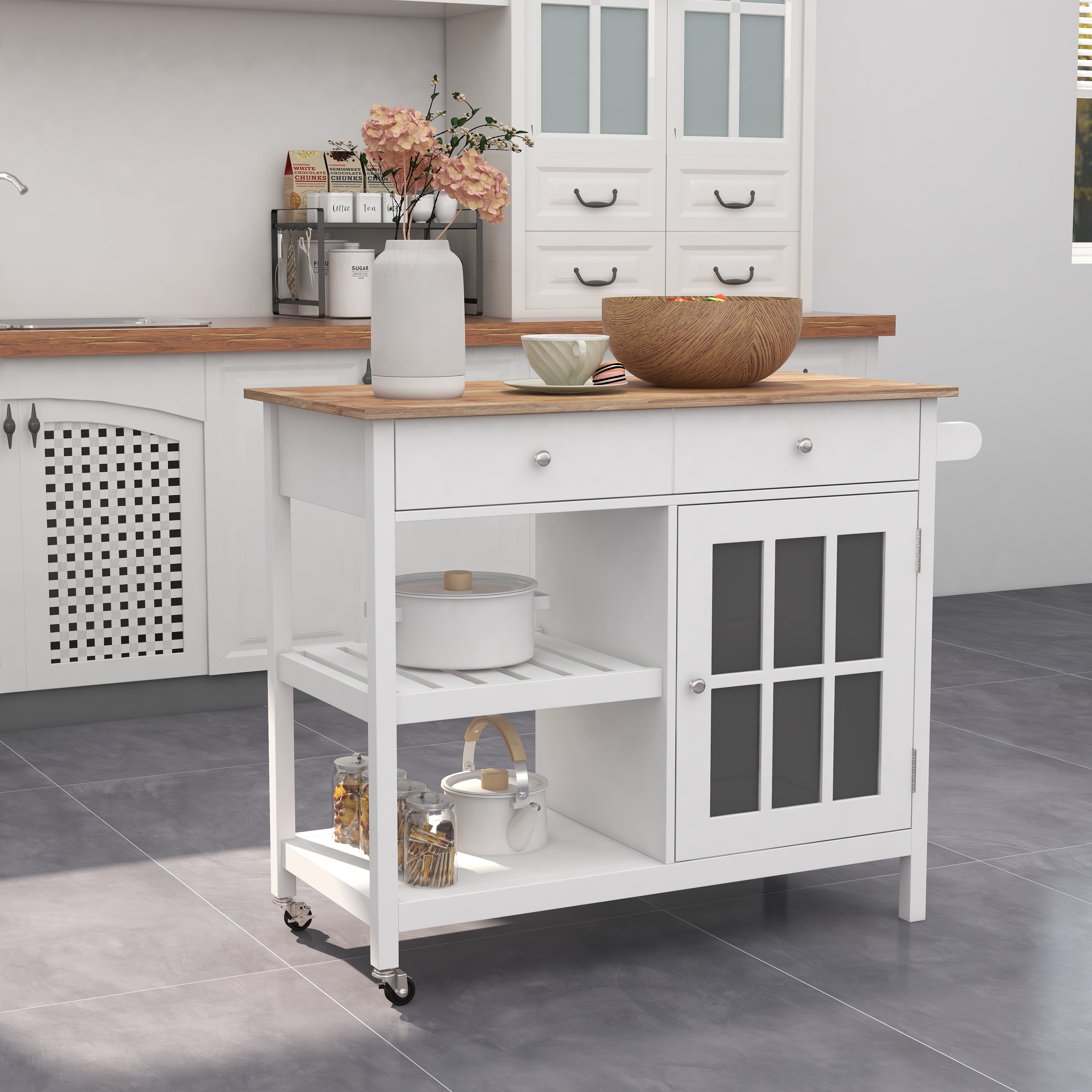 ChooChoo Rolling Kitchen Island, Portable Kitchen Cart Wood Top Kitchen