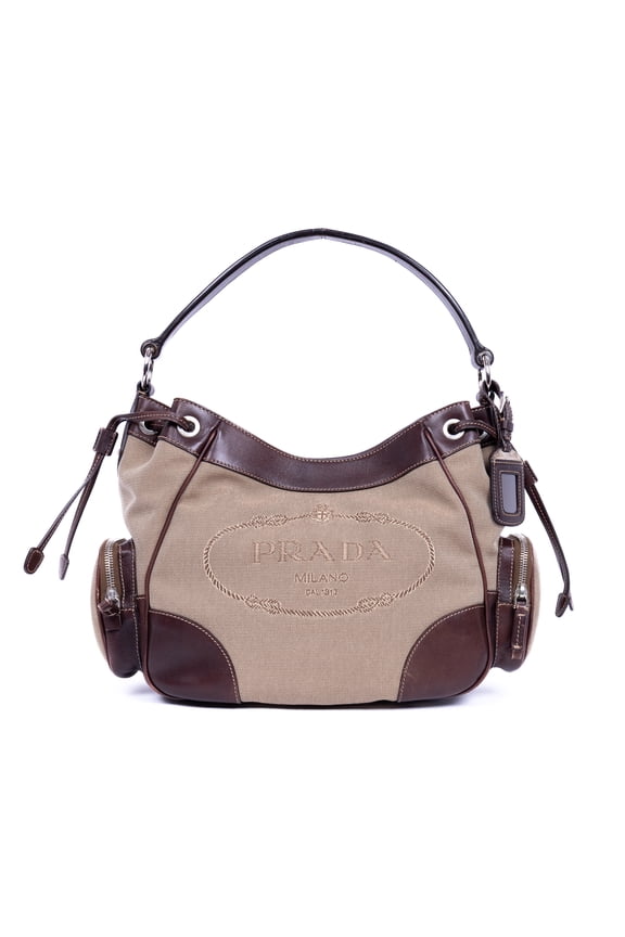 Pre-Owned Prada Beige/Dark Brown Jaquard Hobo Shoulder Bag Jacquard Logo Canvas