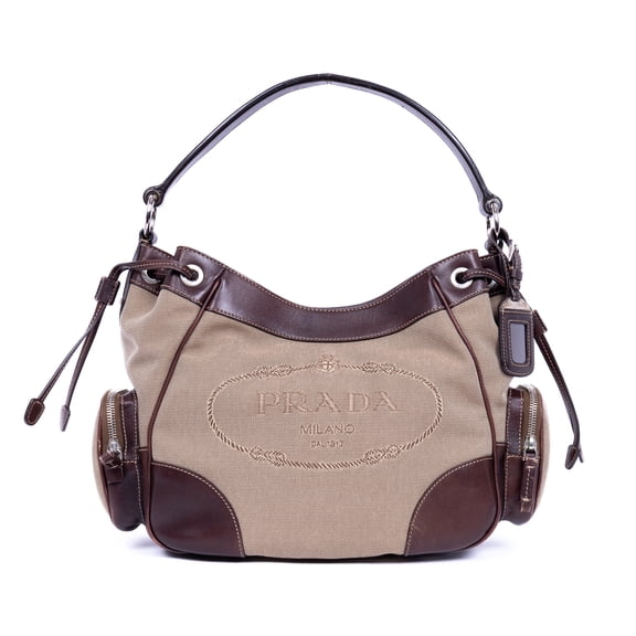Pre-Owned Prada Beige/Dark Brown Jaquard Hobo Shoulder Bag Jacquard Logo Canvas