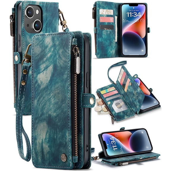 iPhone 14 Plus Wallet Case - PU Leather, Magnetic Buckle, Wristlet, Card Holder - 6.7", Blue