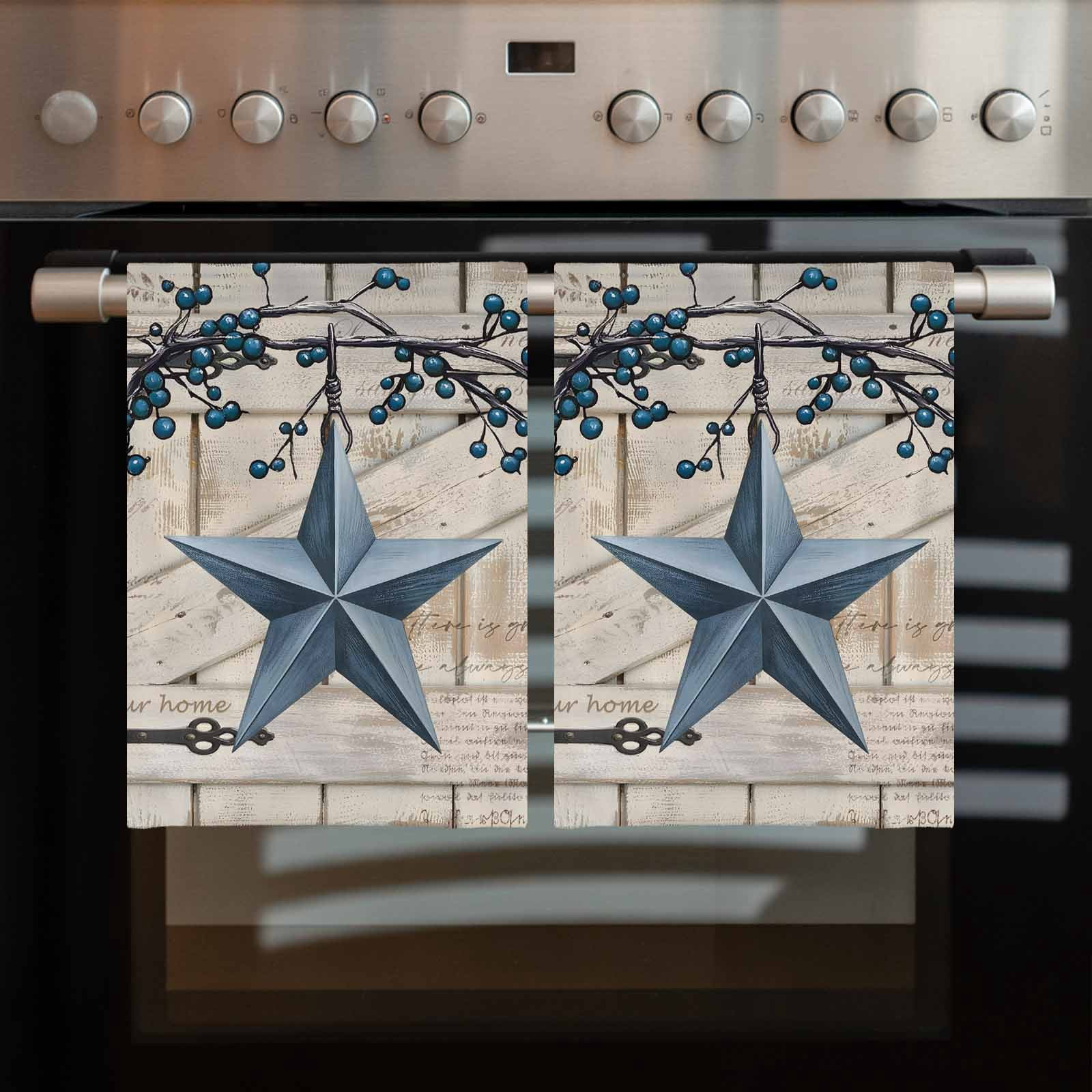 Texas Star Vintage Kitchen Towels Set of 2, Water Absorbent Dish Towel, Retro Navy Blue Berry Wooden Decorative Hand Towels - Quick Drying Cloth for Cooking Baking, 18x28 Inch
