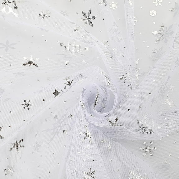67 Inch Wide White Silver Foil Organza Fabric Snowflake Christmas Rectangular Shiny Tulle Tablecloth Net Gauze 3 Yards Sheer Mesh Ribbon Fabric for Birthday Wedding Party Gift Wrapping White