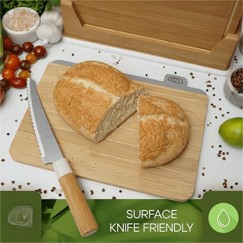 Wooden Cutting Boards for Kitchen – 5-Pcs Cutting Board Set with Holder – Natural Bamboo Chopping Board with Juice Groove – Ideal for Vegetables, Meat, Fish, Bread.
