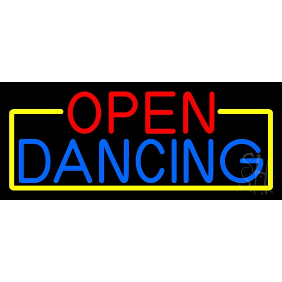 Open Dancing With Yellow Border LED Neon Sign 10 x 24 - inches, Clear Edge Cut Acrylic Backing, with Dimmer - Bright and Premium built indoor LED Neon Sign for Bar decor.
