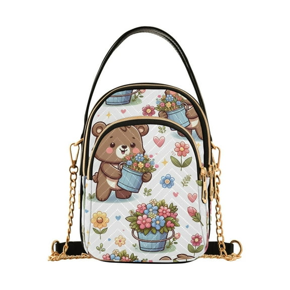 joogoo Women Cartoon Bear and Flower Chain Crossbody Bags Shoulder Handbag Phone Purse