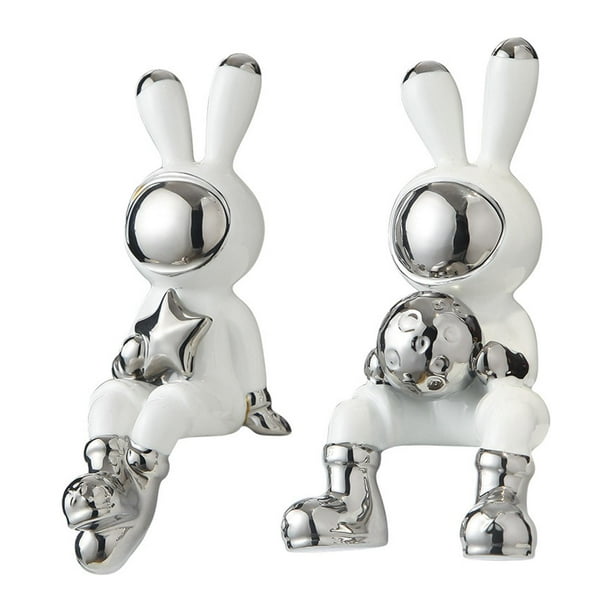 2 piezas de estatuas de conejos, figuras de animales, esmalte, decorativas, forma de astronauta, manualidades, conejo blanco