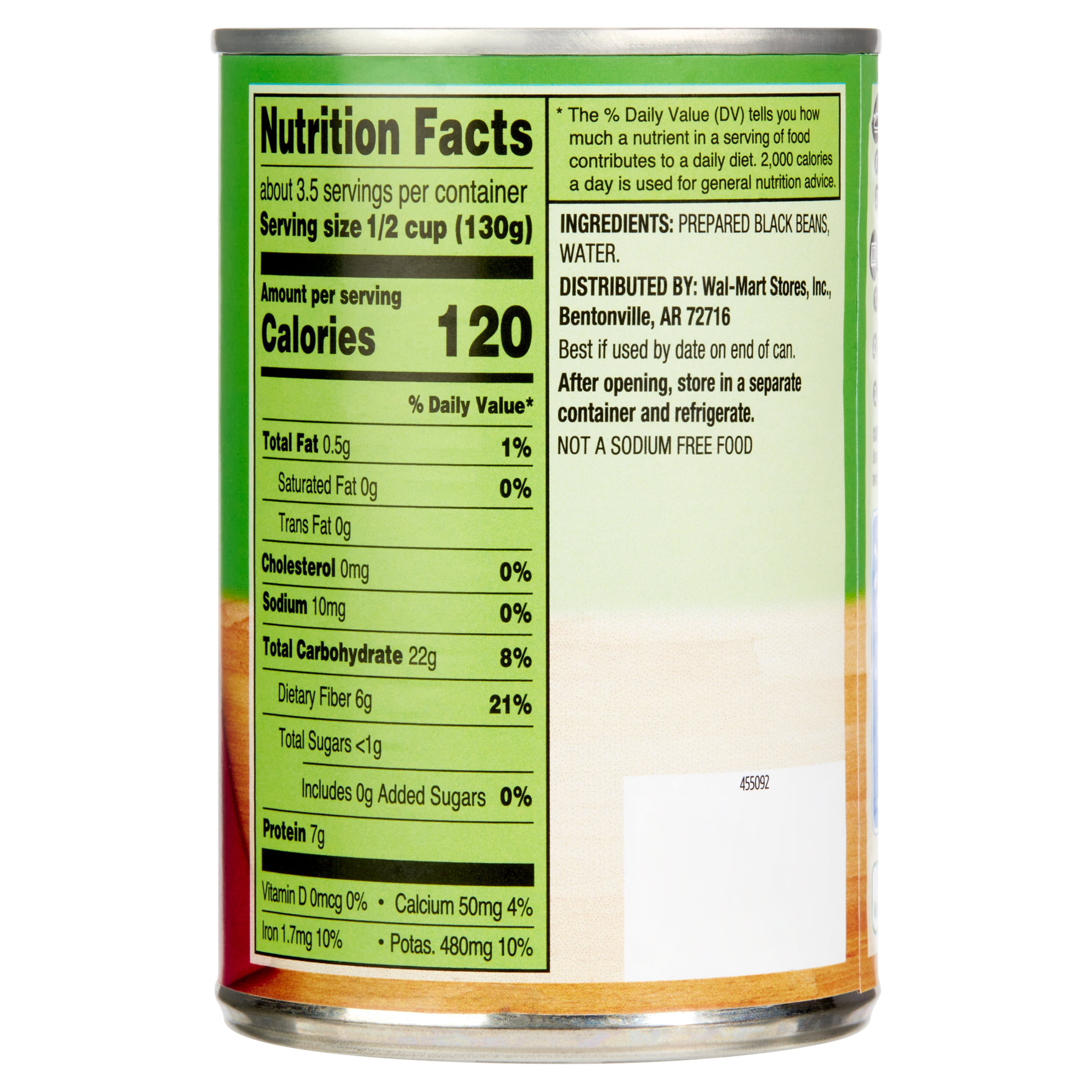 Great Value, No Salt Added, Canned Black Beans, 15 oz Can