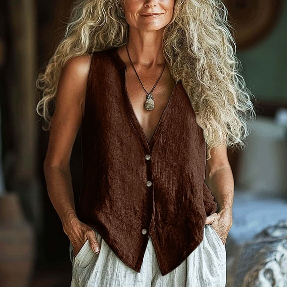 Karight Women's Linen Tank Tops Button Down V Neck Solid Dressy Blouse Sleevesless Casual Loose Fit Tunic Tops Summer T Shirts