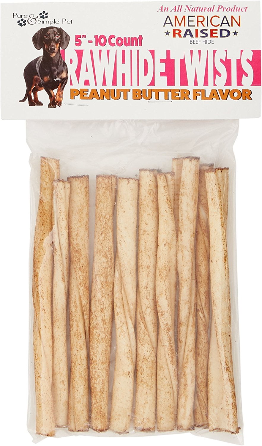 Pure & Simple Pet 5" Rawhide Twists Dog Chews, Peanut Butter, 10 Count