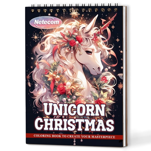Netecom Unicorn Christmas Coloring Book Spiral Bound for Adults, A5 Wooden Cover, 30 Enchanting Coloring Pages of Unicorns Celebrating the Holidays for Stress Relief and Relaxation