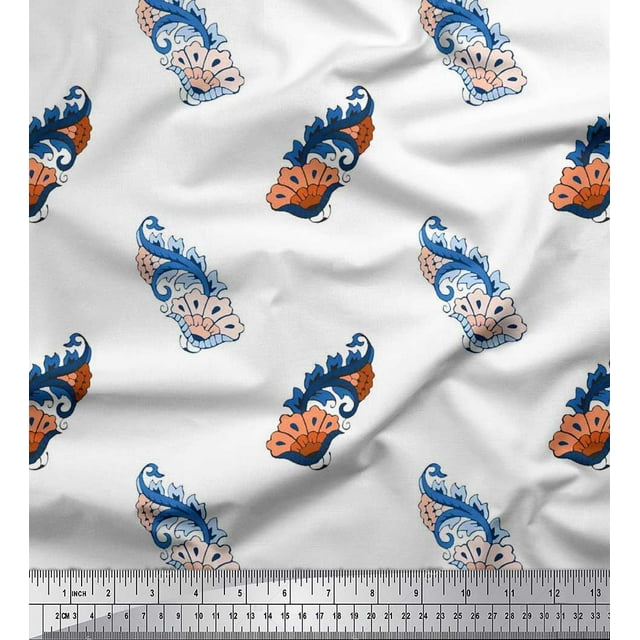 Soimoi Polyester Crepe Fabric Swirl & Floral Block Print Sewing Fabric Yard 52 Inch Wide