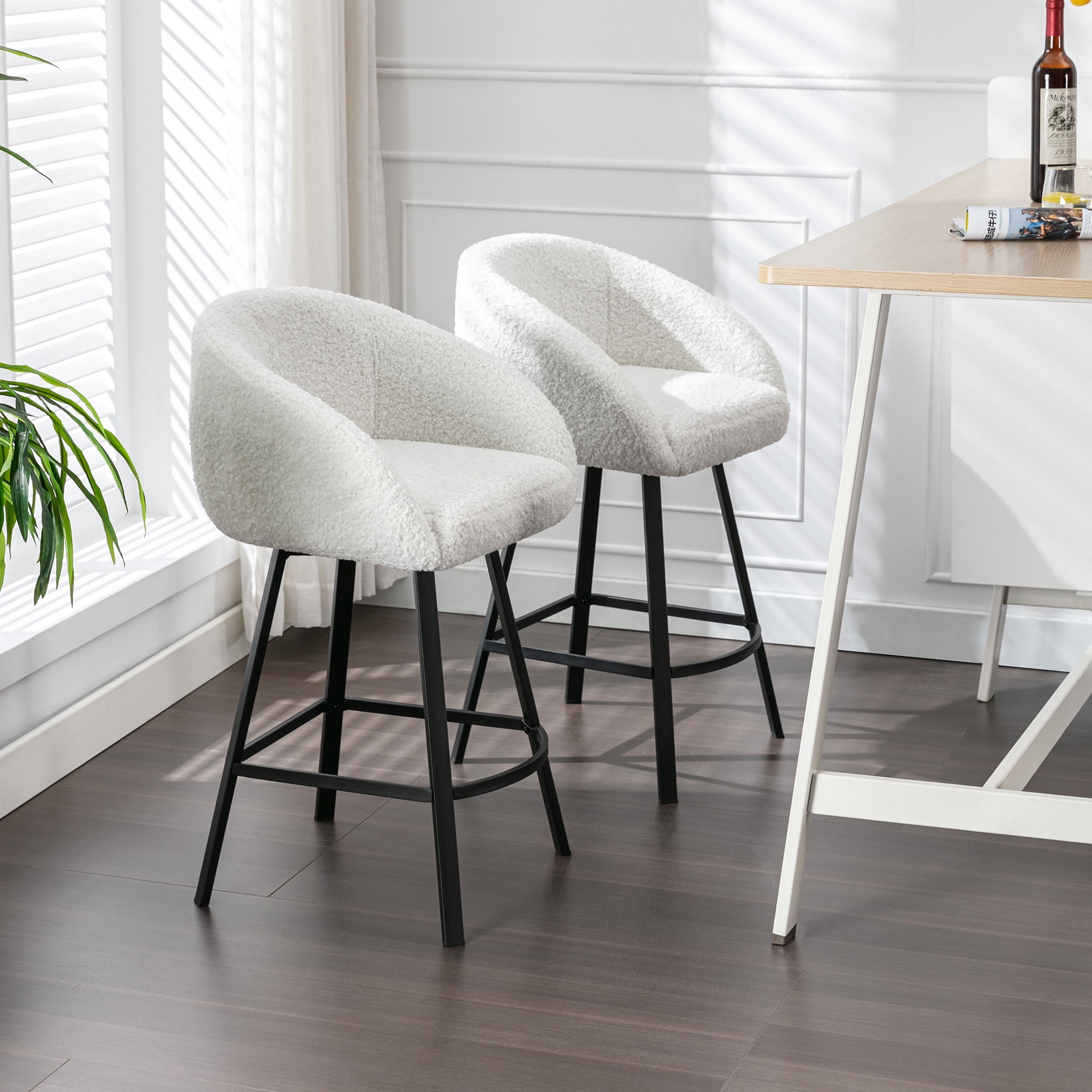 Zesthouse Swivel Counter Height Bar Stools Set of 1, 26.4" Counter Height Sherpa Upholstered Barstools with Barrel Back and Arms, Modern Counter Stool for Pub Kitchen Island, White